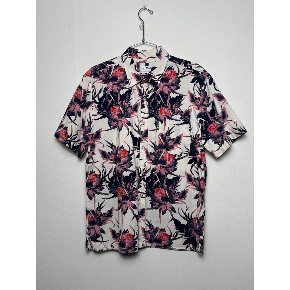 Topman Mens XL Floral Button Up Shirt Short Sleeve White‎ Navy Red Cotton Casual